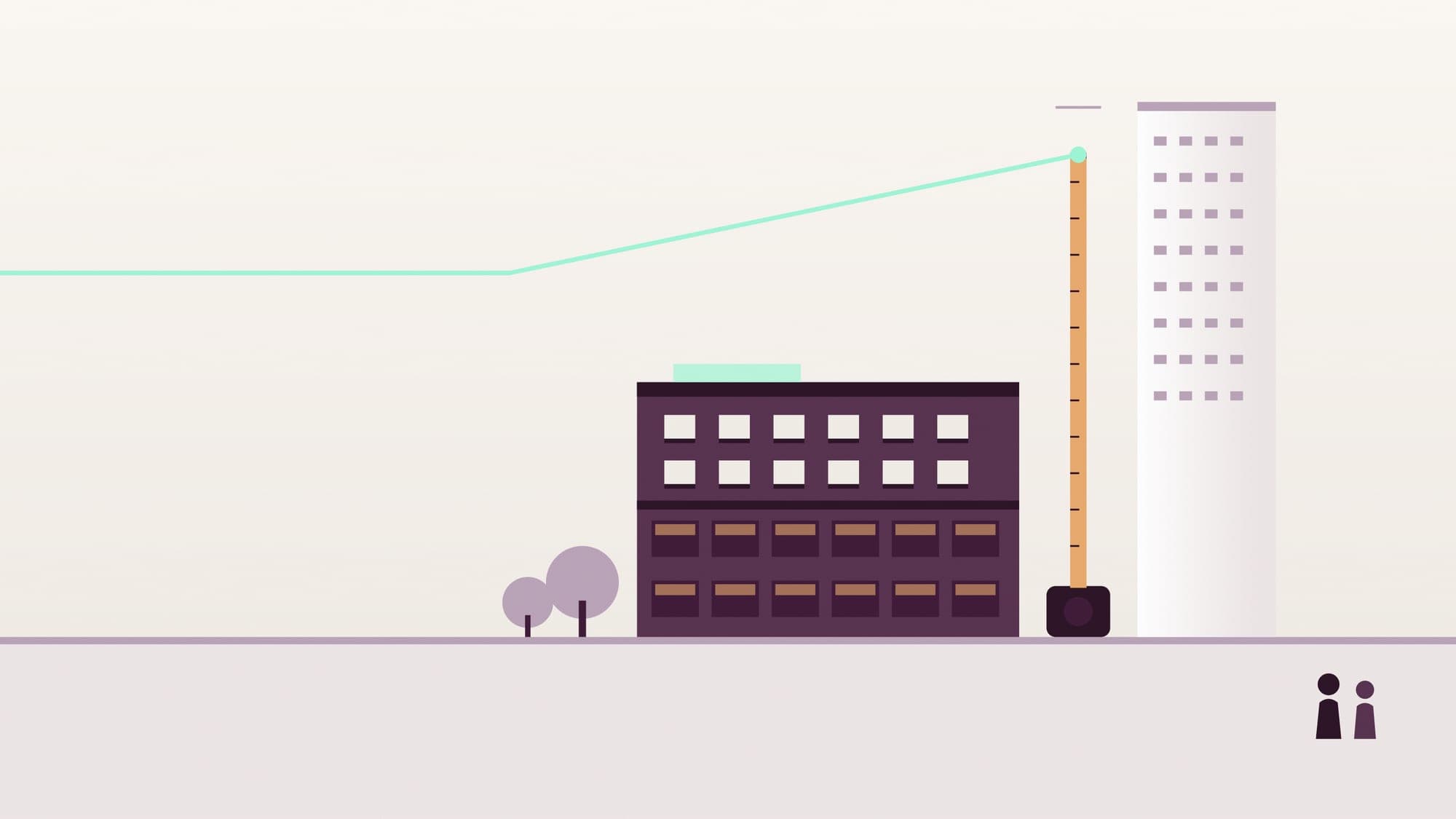 Illustration of a low-rise block of shops and flats beside a tall slim tower, with a measuring tape rising from the block and stopping just short of the tower's top.