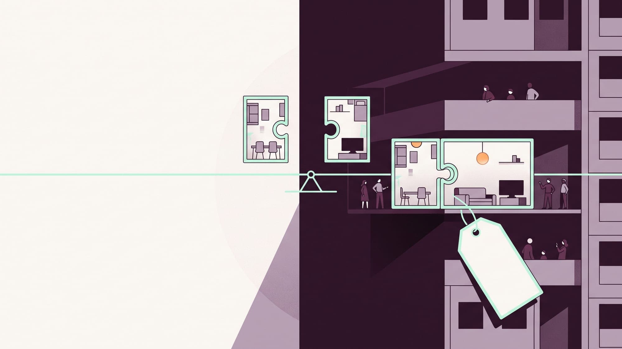 Illustration of two small flats joining like puzzle pieces inside a cutaway of a high-rise block, with a large blank price tag hanging below and a balance scale beside them.