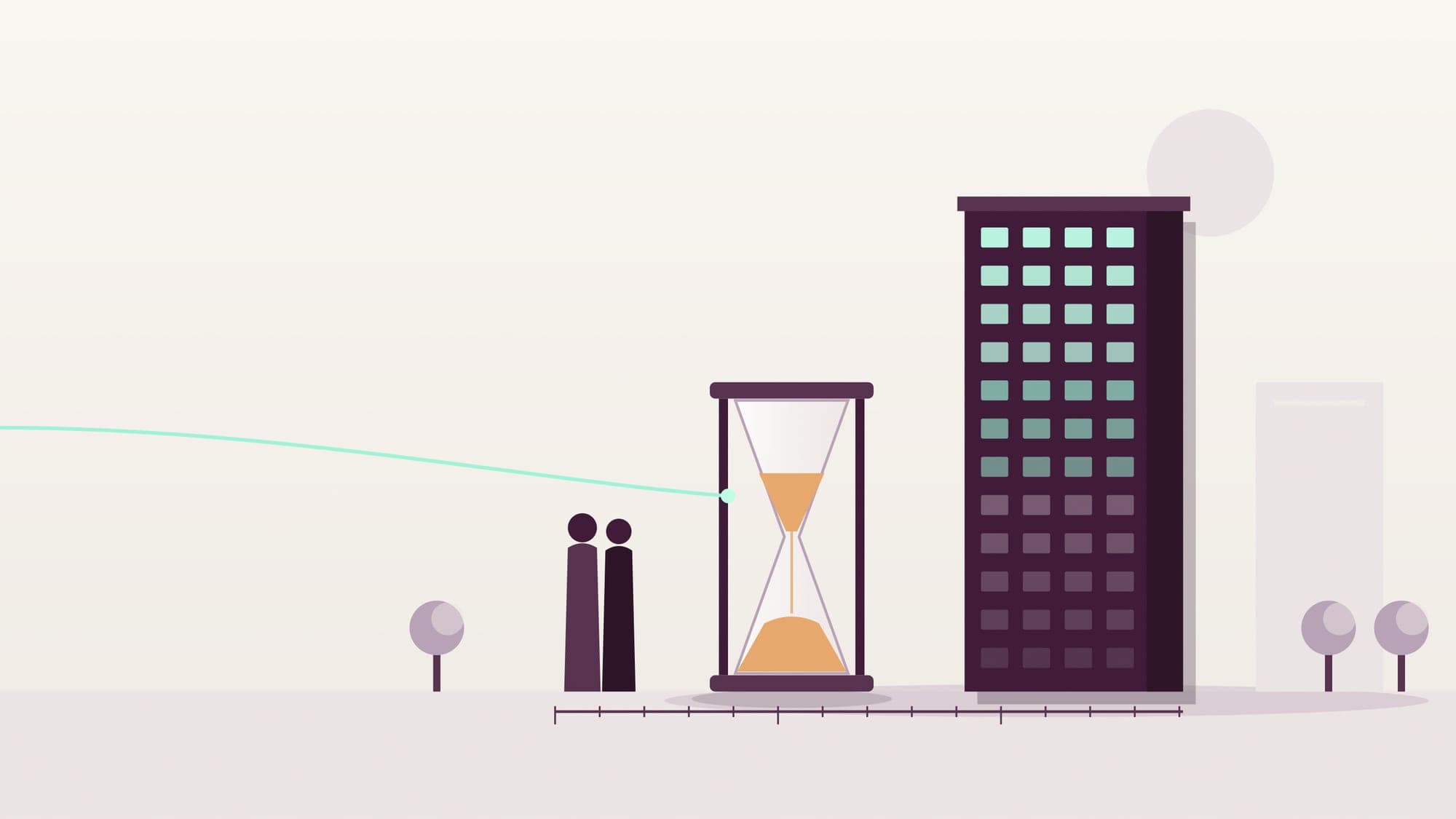 Illustration of a generic housing block with lit floors fading downward beside a large hourglass, with a small couple standing by a measuring line that runs to the block.