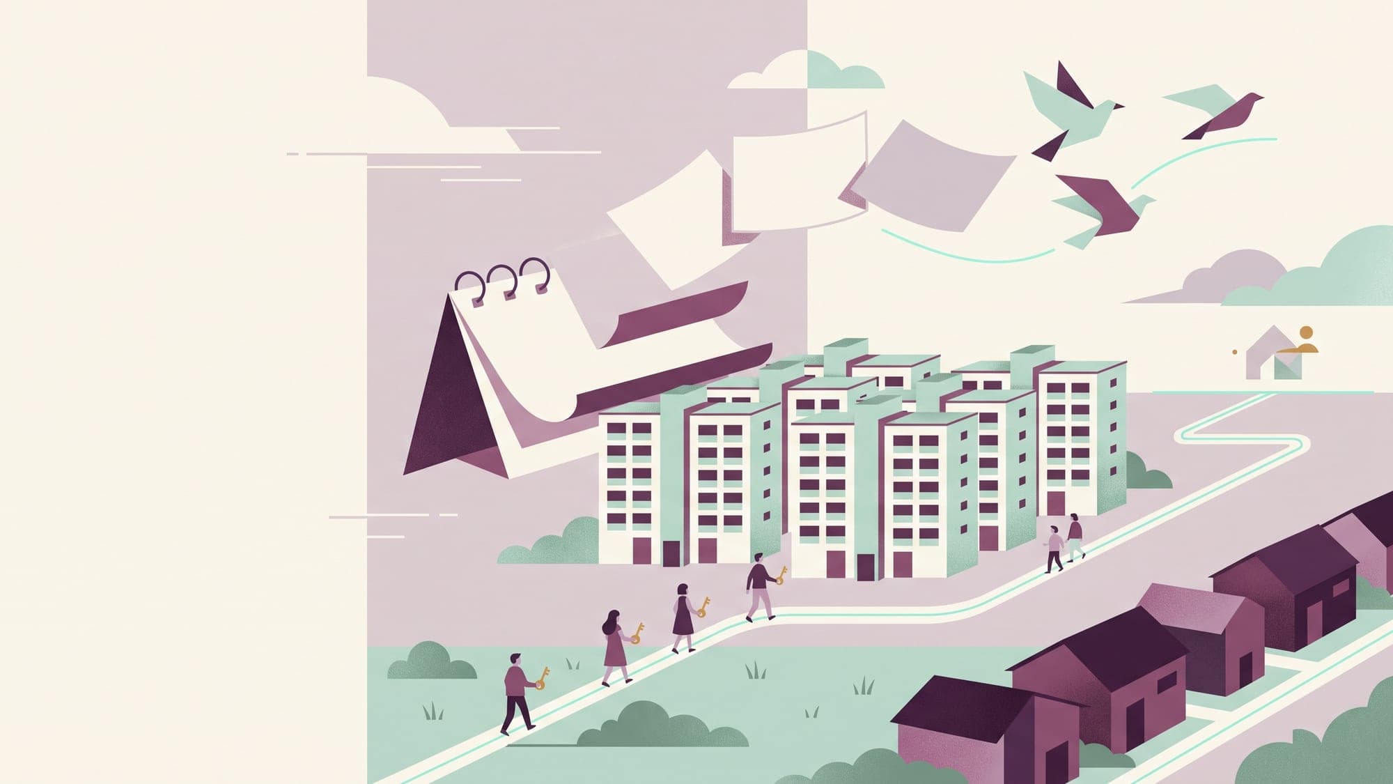 Illustration of people carrying house keys along a path from a row of private houses towards a public housing estate, as blank calendar pages lift away and turn into birds.