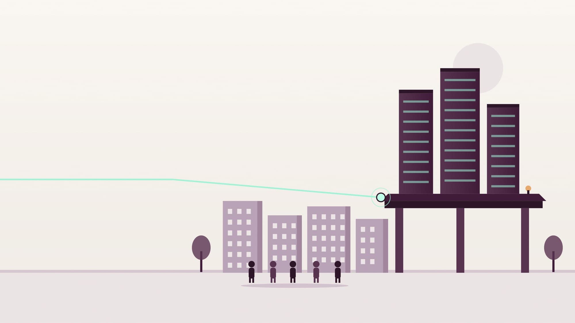 Illustration of new condo towers standing on a raised platform beside a lower row of older blocks, with small figures walking towards them after a quiet spell.