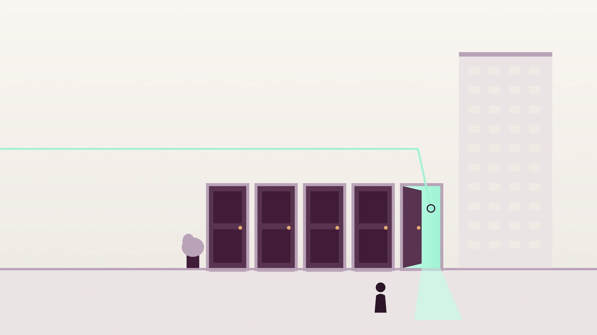 Illustration of a mid-rise residential block beside a row of five doors, four closed and the last slightly open with light spilling out.