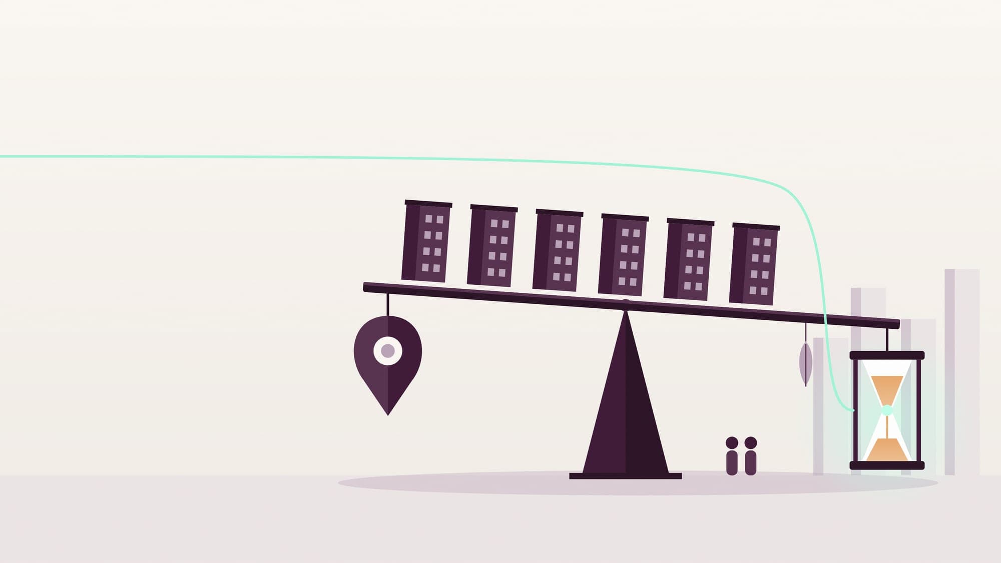 Illustration of a row of identical small apartment blocks on a long balance beam, tipped by two large weights shaped like a map pin and an hourglass, with a small feather hanging at the far end.