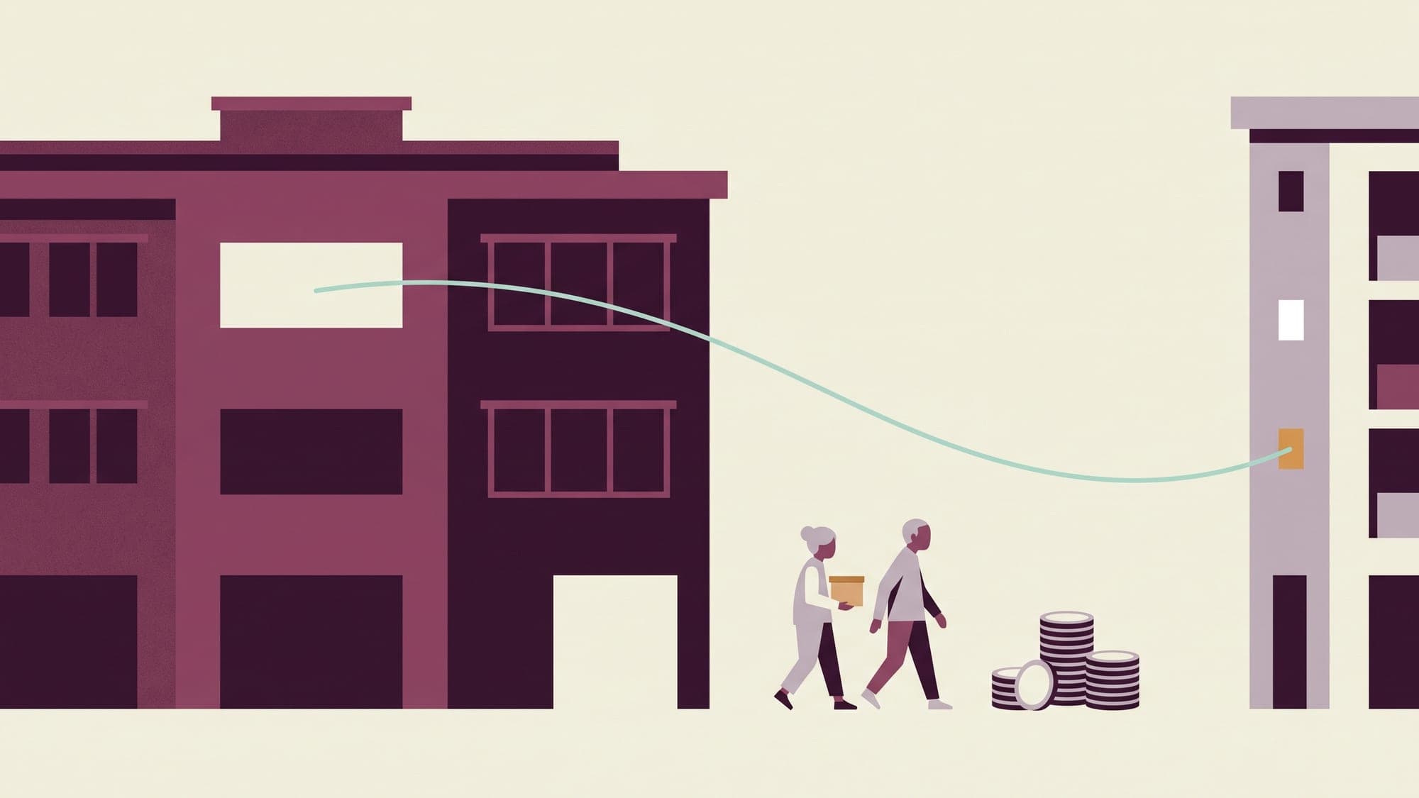 Illustration of an older couple carrying a small box from a large, older block of flats towards a slimmer, newer one, walking past a stack of coins.