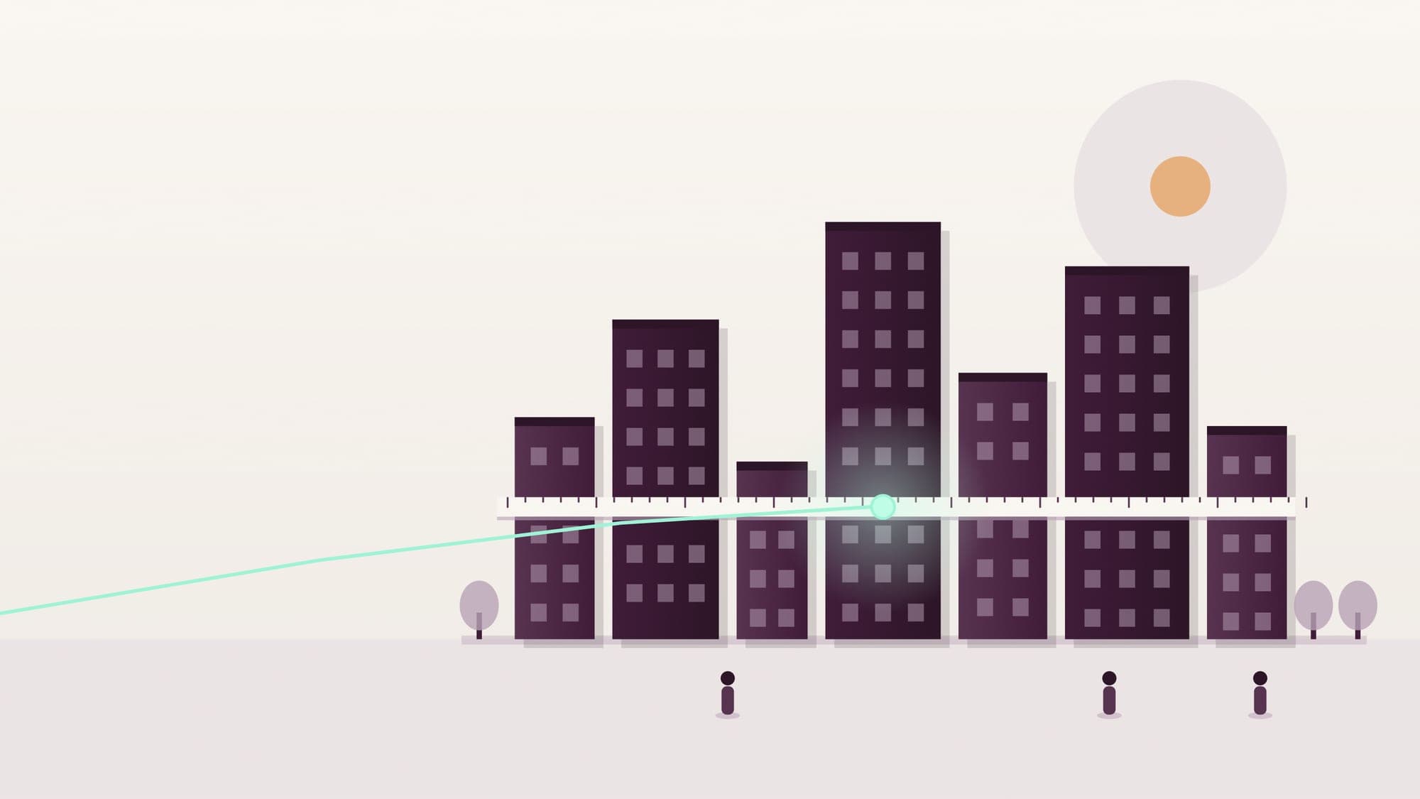 Illustration of a level measuring band running across a row of simple condo towers of different heights, with the thin mint sightline ending where the band meets the tallest tower.