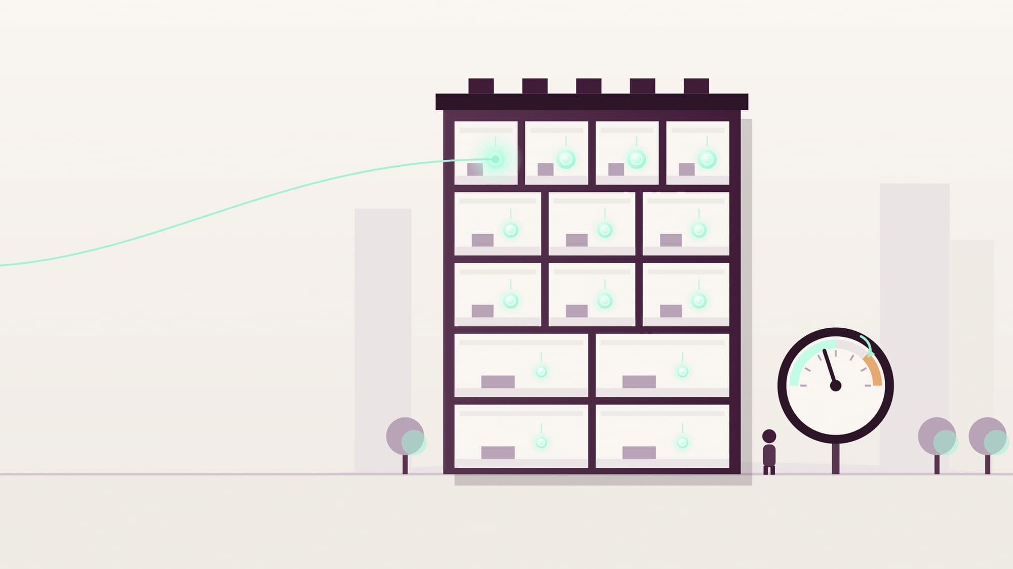 Illustration of a cutaway housing block with flats of different sizes each receiving a coin, smaller flats getting larger coins, beside a gauge whose needle dips slightly.