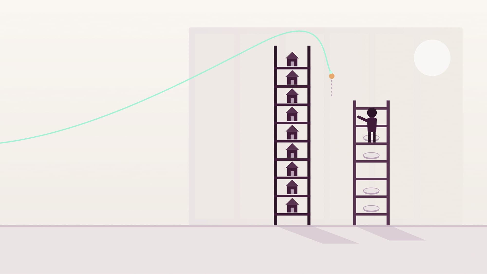 Illustration of two ladders side by side, one built from small house shapes and a shorter one from round discs, with a small figure on the shorter ladder looking across at the gap between them.