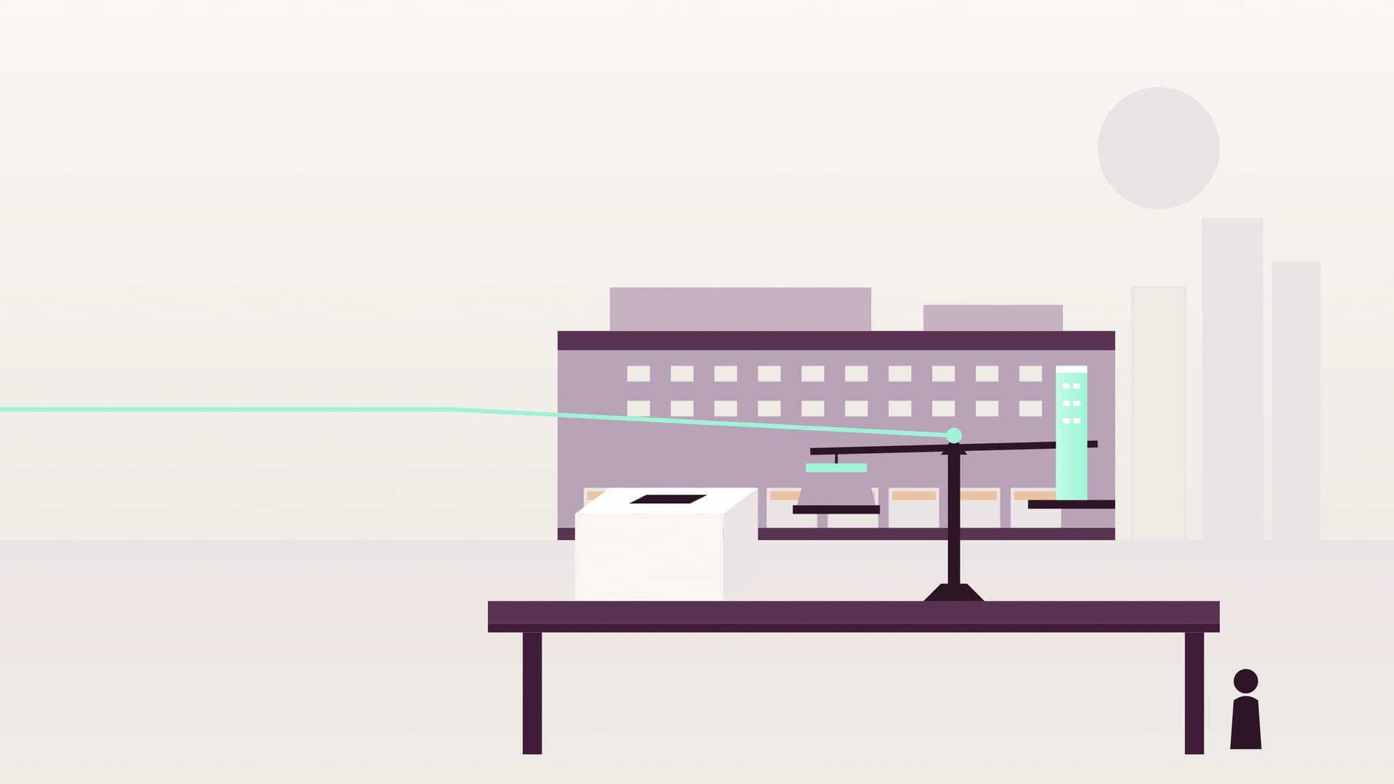 Illustration of an empty tender box before an ageing low-rise complex, with a balance beam beside it weighing a block of land against a slim new tower and almost level.