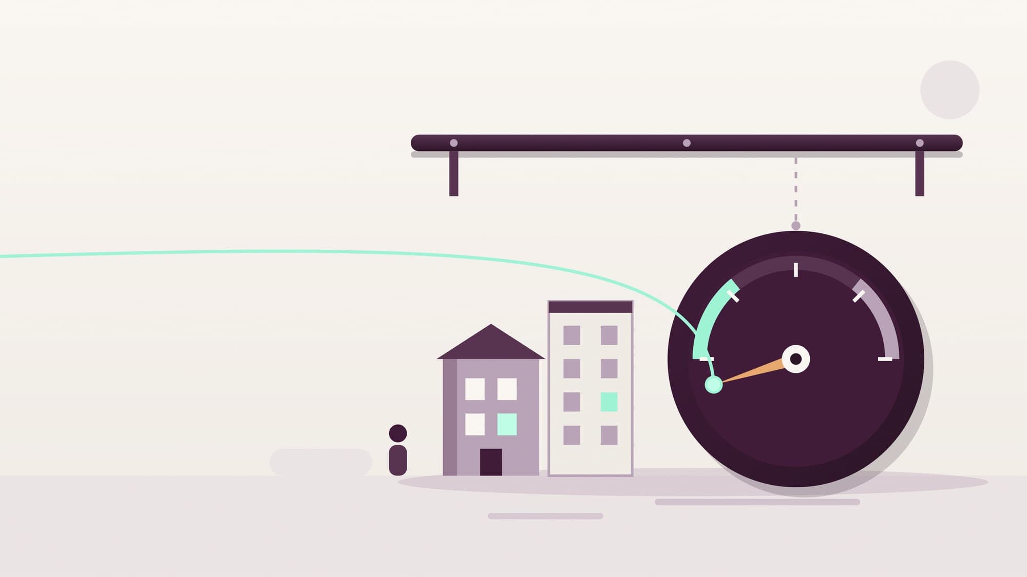 Illustration of a gauge with its needle dipped low beside a small stack of generic homes, with a fixed horizontal bar hovering unmoved above them.