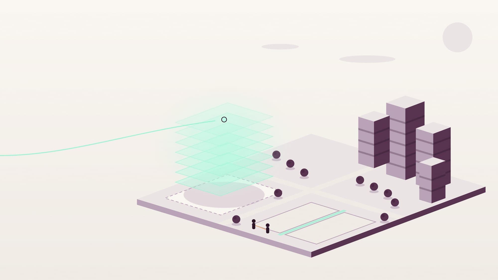 Illustration of two empty land plots seen from above, one split by a thin channel, with a stack of pale translucent floor slabs hovering over the larger plot beside generic apartment blocks.