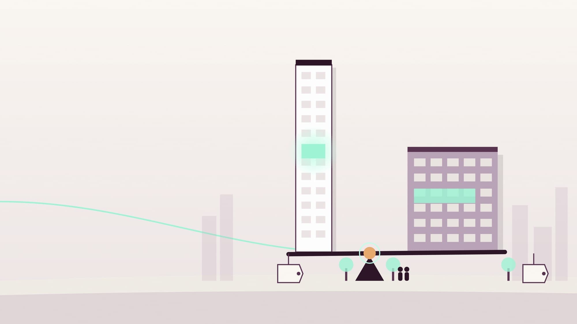 Illustration of a slim new tower with a small lit room and a broad older block with a larger room, both resting on a nearly level balance beam.