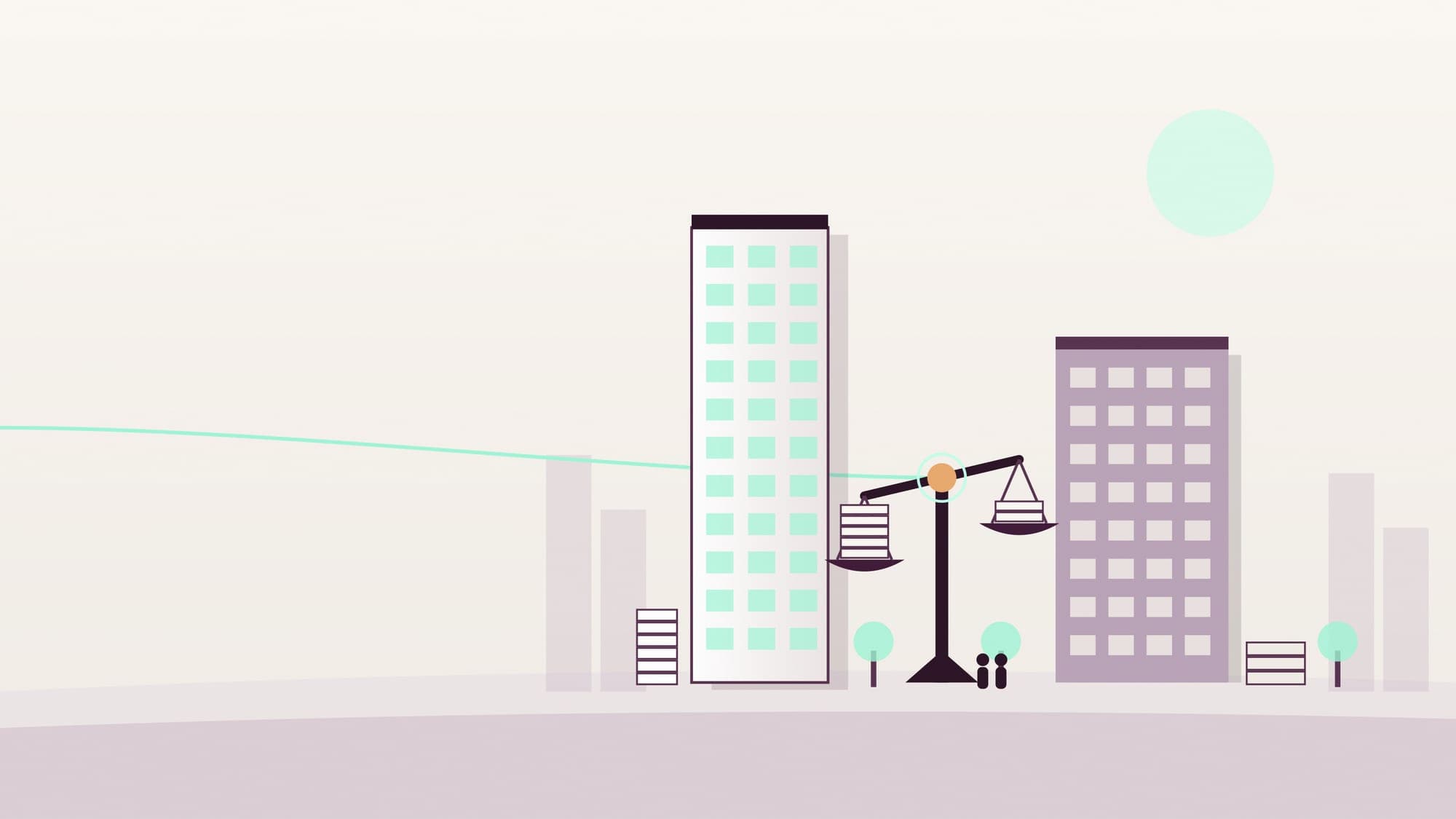 Illustration of a new condo tower and an older one side by side, with stacked floor tiles beside each and a balance beam weighing two blank tags between them.