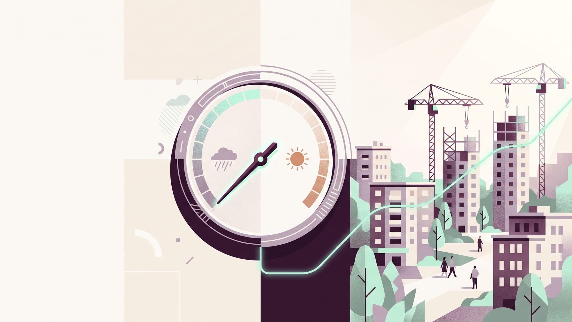 Illustration of a weather-style gauge with its needle pointing to the cold, rainy side, beside a suburban estate where cranes are finishing new condominium blocks.