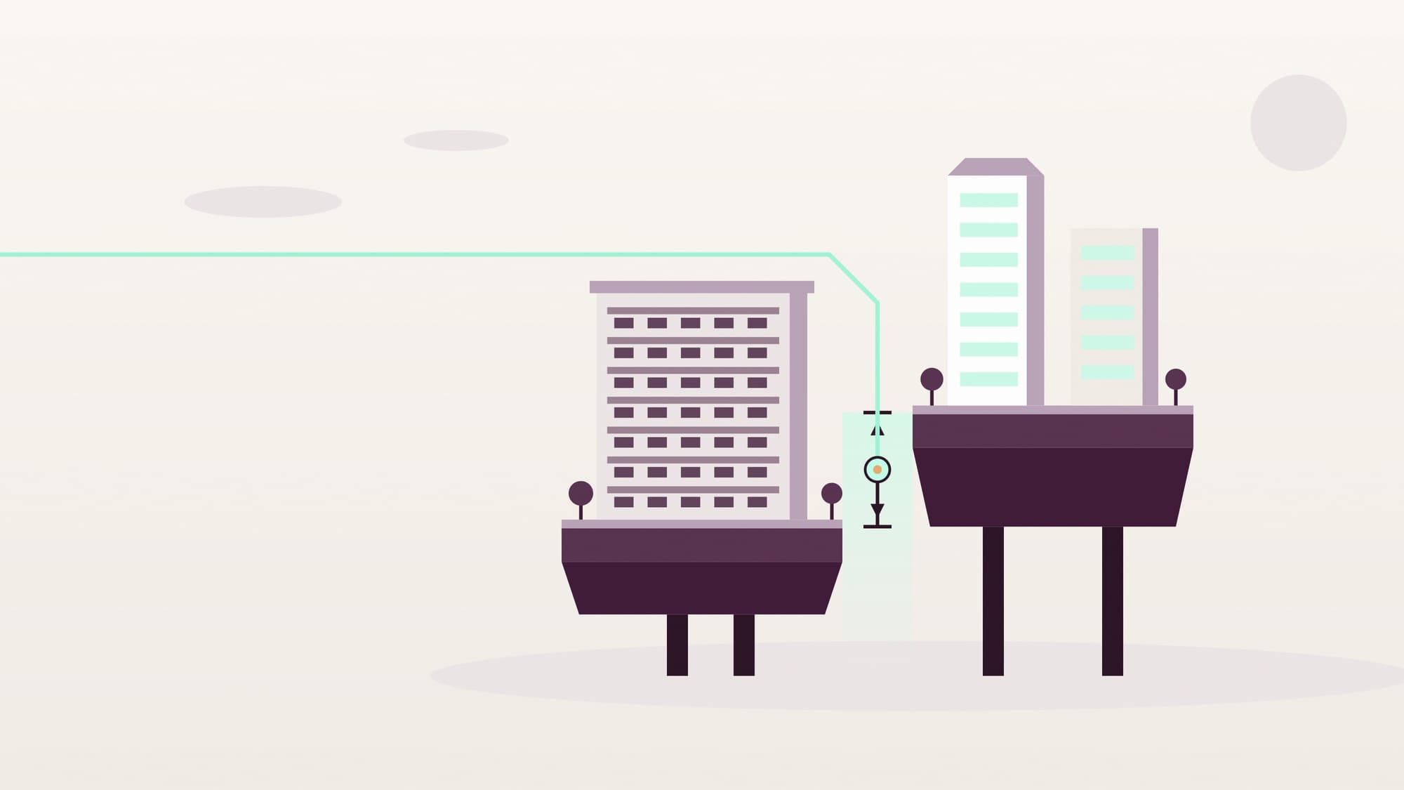 Illustration of a condominium block on a rising platform and a public-housing block on a slightly lower one, with a widening gap between them measured by a thin line.