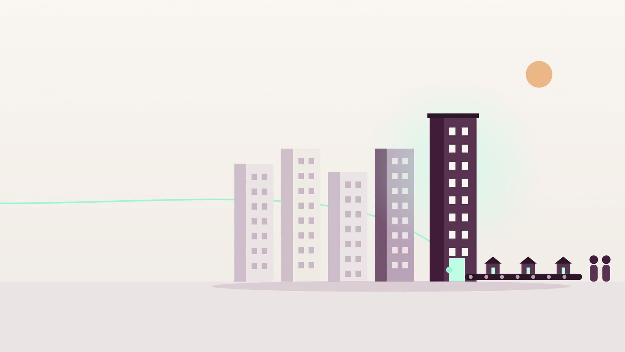 Illustration of a row of apartment blocks of different ages, with small house-shaped tokens moving on a conveyor from the newest block toward small waiting figures.