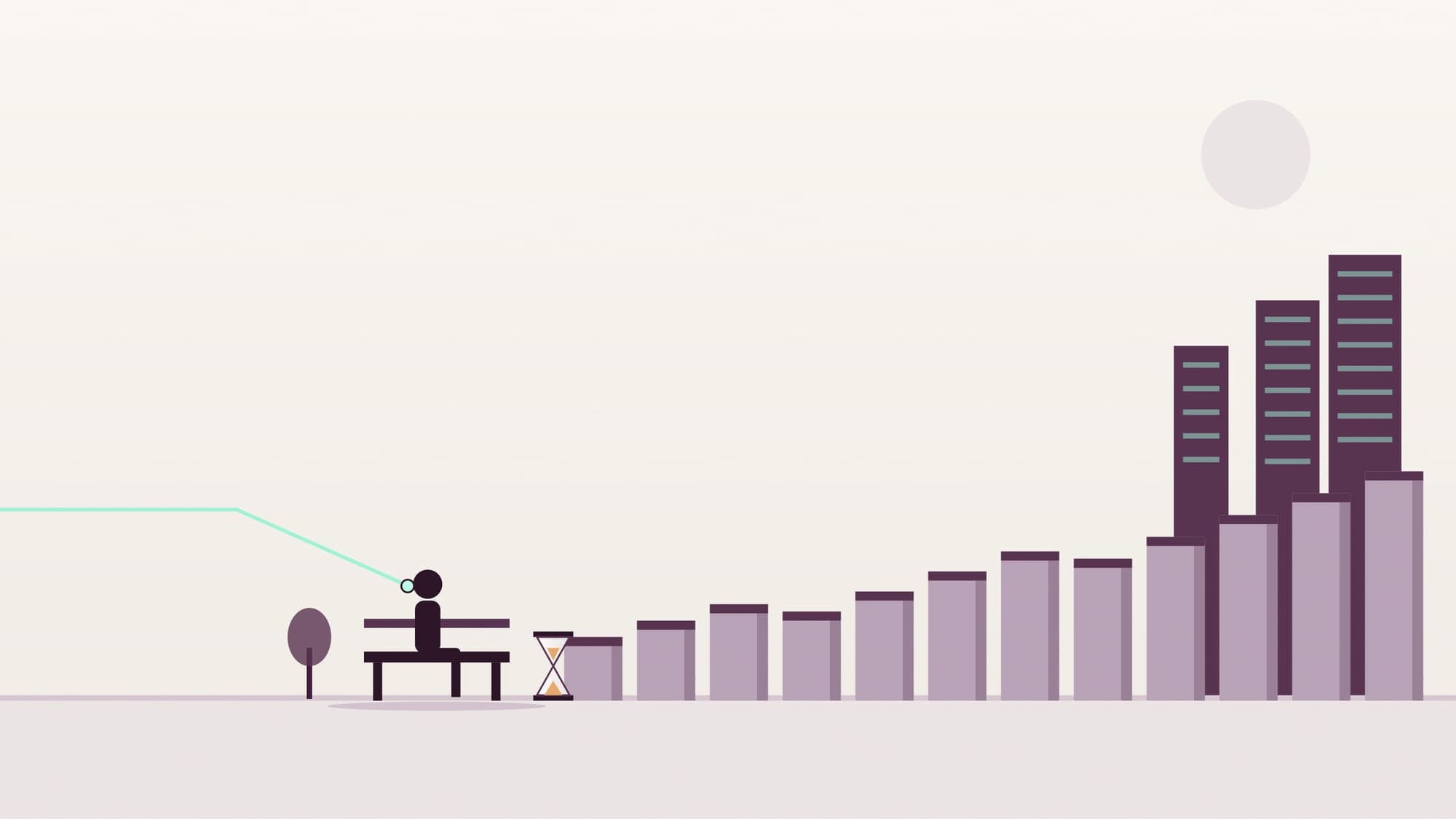 Illustration of a small figure waiting on a bench beside a gently rising path of stepping stones with a few small dips, an hourglass resting next to the bench.