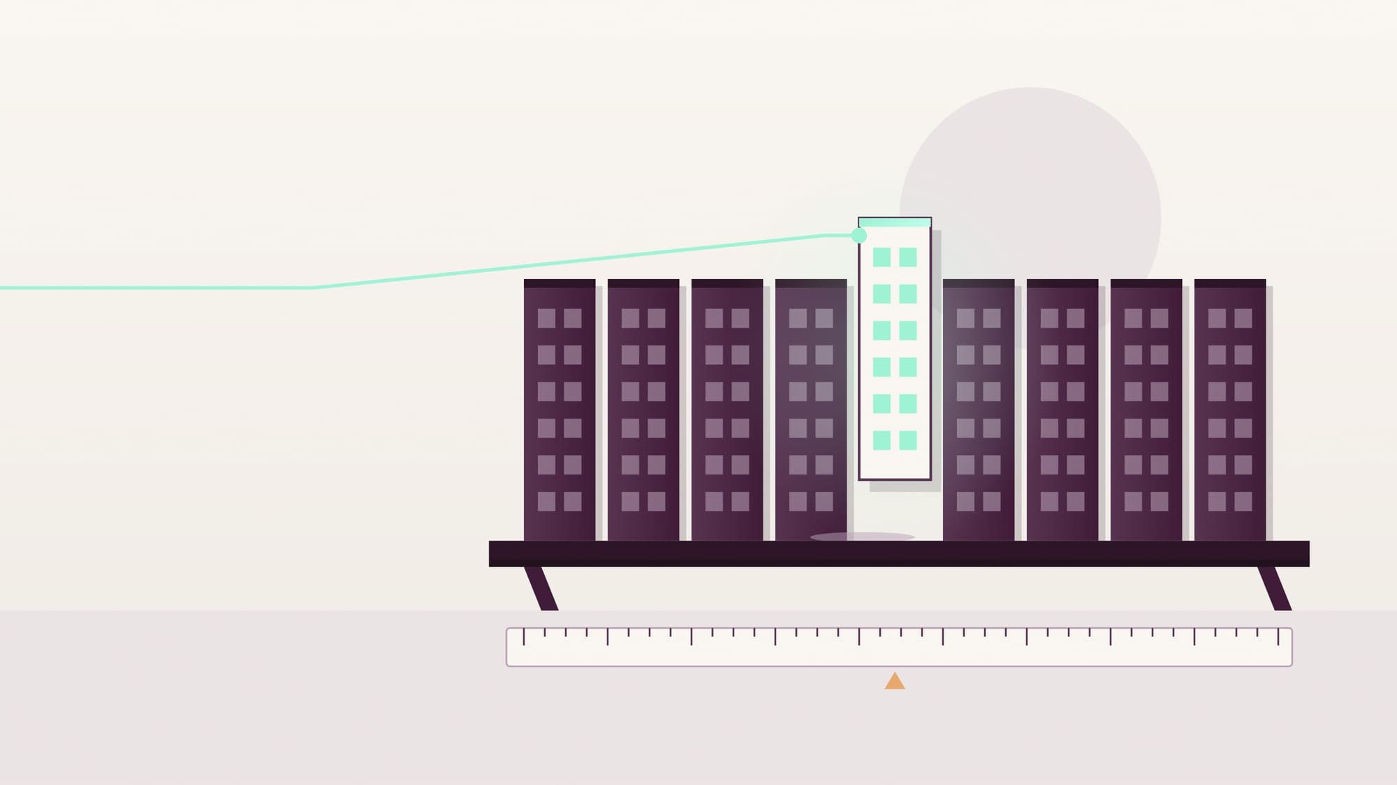 Illustration of a row of identical small flats lined up like books on a shelf, with one lifted slightly out and a measuring rule running beneath the row.